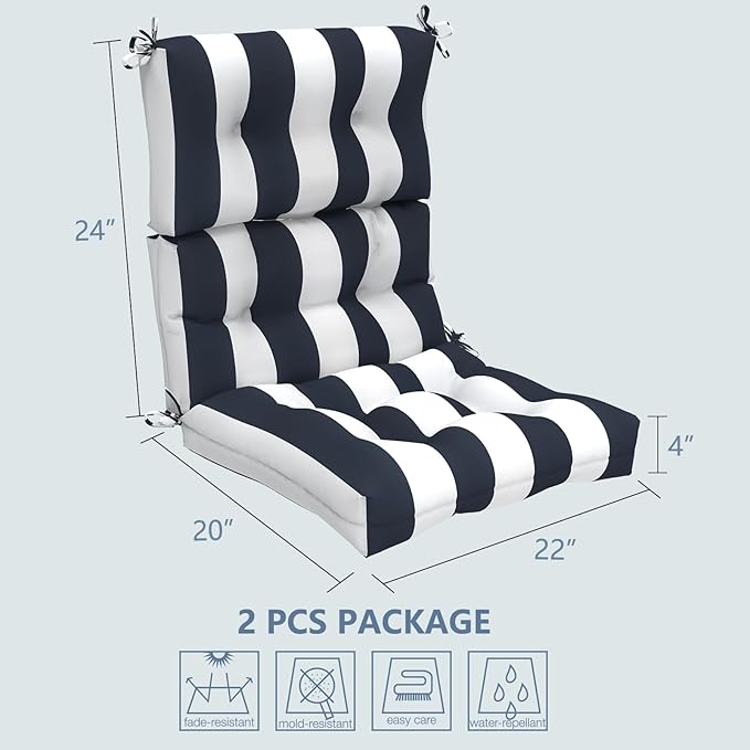 LVTXIII 2 Pack Outdoor High Back Cushions Patio Tufted Seat and Back Chair Cushions with Ties, Replacement Chair Pad for Outdoor Furniture Decoration (44” L x 22 W”, Set of 2, Cabana Navy)