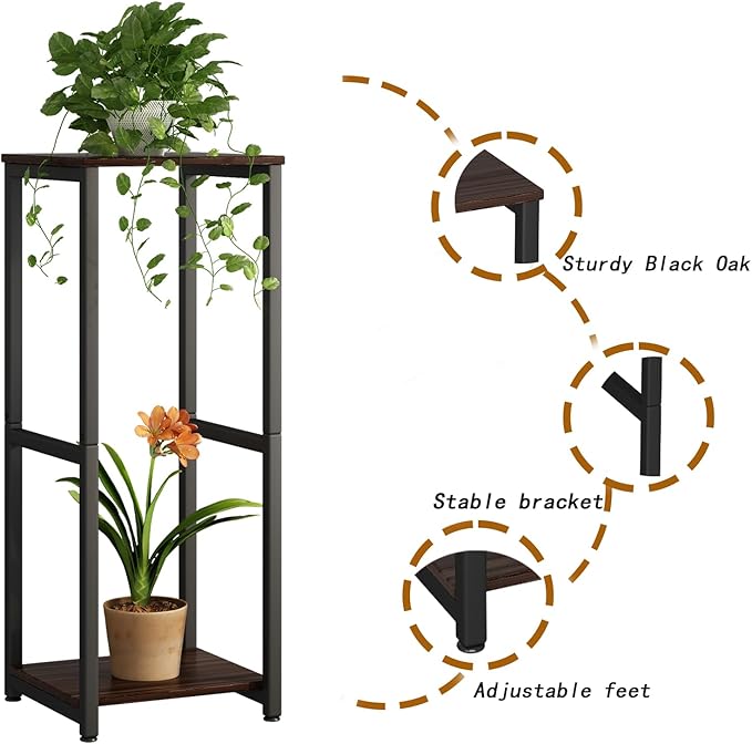 Plant Stand Indoor 2 Tier Tall Metal Corner Storage Tiered Plant Shelf Holder Multiple for Living Room Balcony Garden,Black Oak (2 Tier-Black Oak)