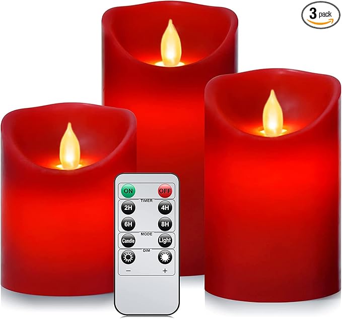 Flameless Battery Operated Flickering Candles:3PACK Red Real Wax Pillar Candle,Electric LED Candle with 10-Key Remote Control and 24 Hours Timer for Home Decoration Holiday Party