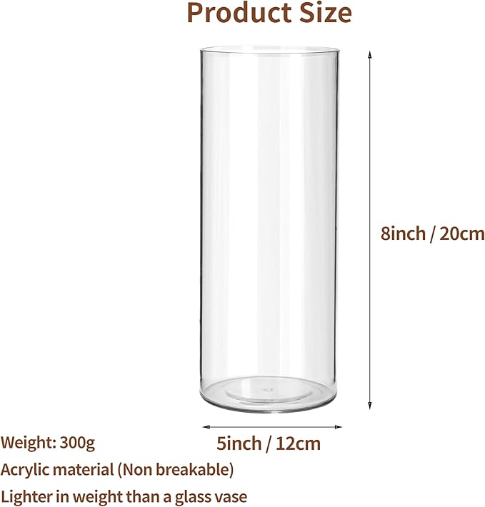 Clear Flower Vase, Non-breakable Vases, 5" W x 8" H, Acrylic Vase, Aesthetic Room Decor Cylindrical Modern Flower Vases for Table Centerpiece, Home Decor, Women Floral Arrangement Gift