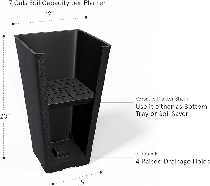 La Jolíe Muse Tall Planters 20 Inch, Flower Pot Pack 2, Patio Deck Indoor Outdoor Garden Tree Planters (Black)