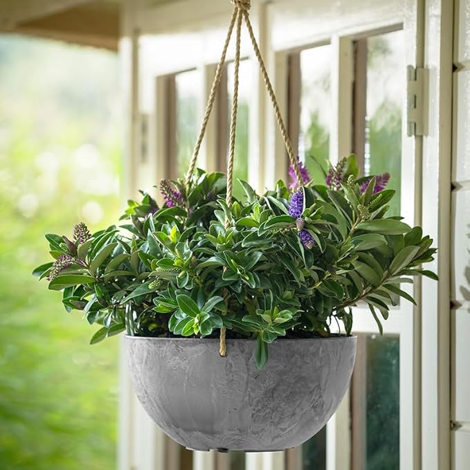 Root & Vessel Self Watering Hanging Planter for Indoor or Outdoor Plants, Unique Marbled Hanging Basket Made of Eco-Friendly Blend of Stone & Plastic, Gray, 12"