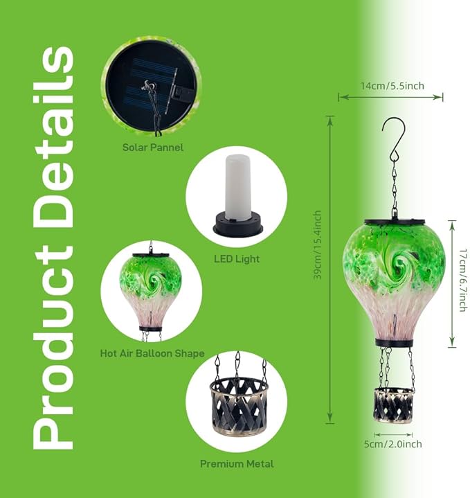 Solar Hot Air Balloon Lanterns with Flame Flickering Hanging Solar Lanterns Outdoor Waterproof LED Glass Garden Decorative Lights for Patio Yard Porch Tree,Mother Day Gift for Women(Green)