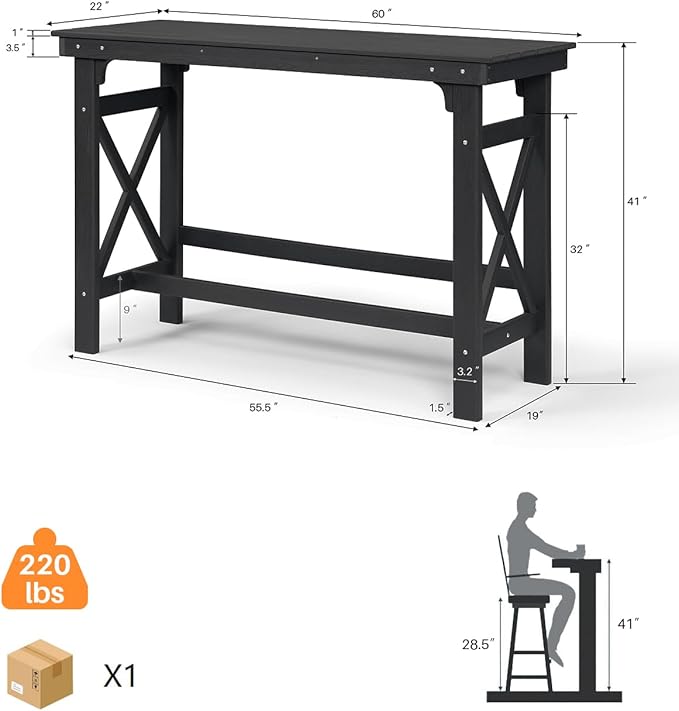 HDPE Patio Bar Table, 41" Rectangle Outdoor Bar Tables Counter Height Table, Adirondack Outdoor Bar Height Table, HDPE Outside Pub Tables for Balcony, Deck, Backyard, Poolside, Obsidian