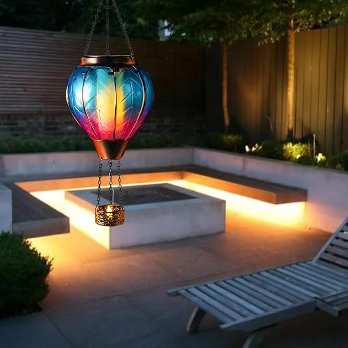 Starsoul 2 PC Blue Hot Air Balloon Solar Lantern with Flame Glass Hanging Outdoor Hot Air Balloon Solar Light Waterproof Garden Patio Yard Party Decorations