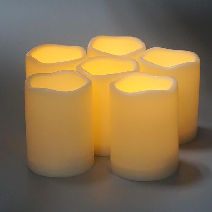 Waterproof Outdoor Battery Operated Flameless Pillar Candles with Timer White Plastic Realistic Flickering Fake Electric LED Lights for Lantern Garden Wedding Christmas Decorations 3”x4” 6 Pack