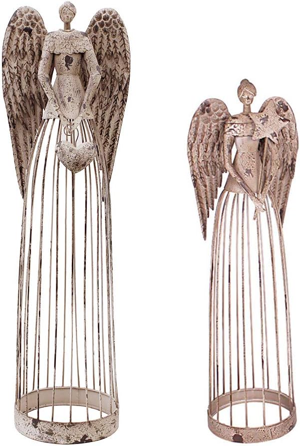 Morning View Metal Angel Statue Decor for Garden Yard Art Outdoor Standing Large Angel Decorations with Star Antique Patio Patio Lawn Holiday Christmas Set of 2 (26 and 32 Inches Tall)