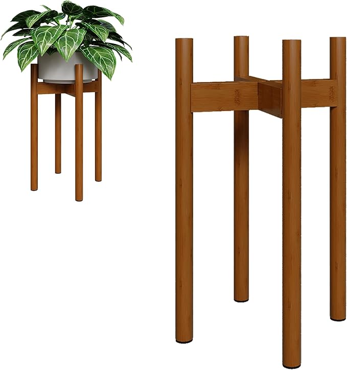 Adjustable Plant Stand Indoor, Bamboo Plant Holder 8 to 12 Inches, Small Tall Planter Stand for Indoor Plants, Single Floor Plant Stand for Living Room Balcony Bedroom, Light Brown