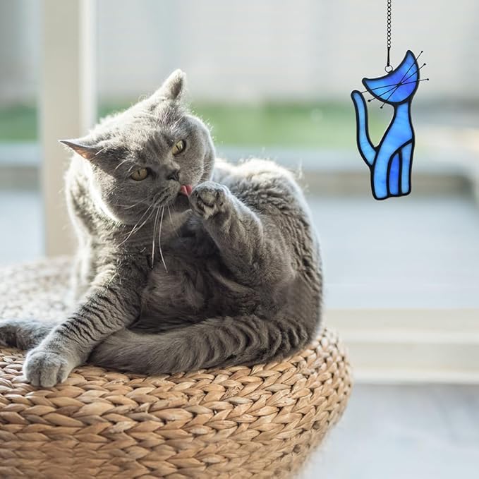 Cat Decor Stained Glass Window Hangings,Blue Cat Suncatcher for Window Cat Ornament Home Decor,Cat Themed Gifts for Women Cat Lovers Gifts,Great for Livingroom Bedroom