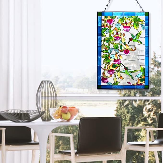 VEWOGARDEN Hummingbird Stained Glass Window Hangings, Bird Suncatcher Panel with Metal Chain for Windows Decor Indoor Outdoor (W10xH15 inch)