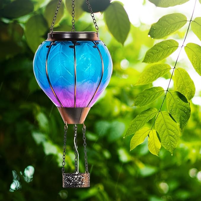 Starsoul Hot Air Balloon Solar Lantern with Candle Holder Glass Solar Hot Air Balloon Lantern with Flame Solar Hanging Hot Air Balloons Decorative for Lawn Porch Tree Yard