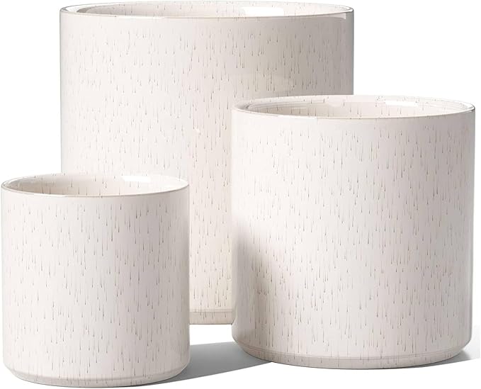 LE TAUCI Ceramic Plant Pots, 10 + 8 + 6 Inch, Planters for Indoor Plants, Mid-Century Modern Flower Pots with Drainage Hole, Cylinder Round Pots for Plants, Set of 3, Glaze Beige