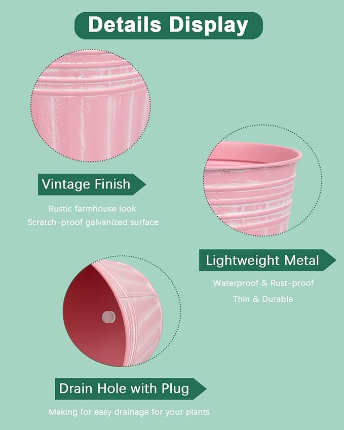 vensovo 4 Inches Pink Metal Rustic Flower Pots - 6 Pcs Small Galvanized Planters with Drainage Hole and Rubber Plug, Rustproof Tin Bucket Plant Pot Farmhouse Vintage Style for Decor
