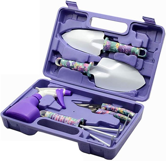 Anti-Rust Garden Tool Set with Carrying Case, 5 Piece Stainless Steel Gardening Kit with Floral Pattern Grass Flower Branch Trimmer Garden Hand Tool Sprayer Farmer Box Gardening Tool for Adults Kids