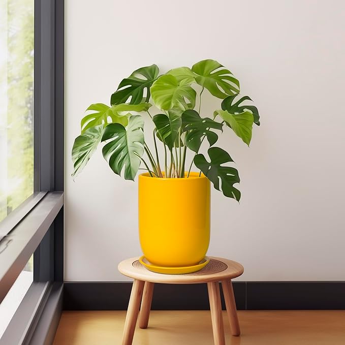 Plant Pot 8 Inch - Ceramic Plant Pot with Drainage Hole and Saucer Large Planter for Indoor Plants Outdoor Modern Flower Pot for Home Garden Decor Yellow