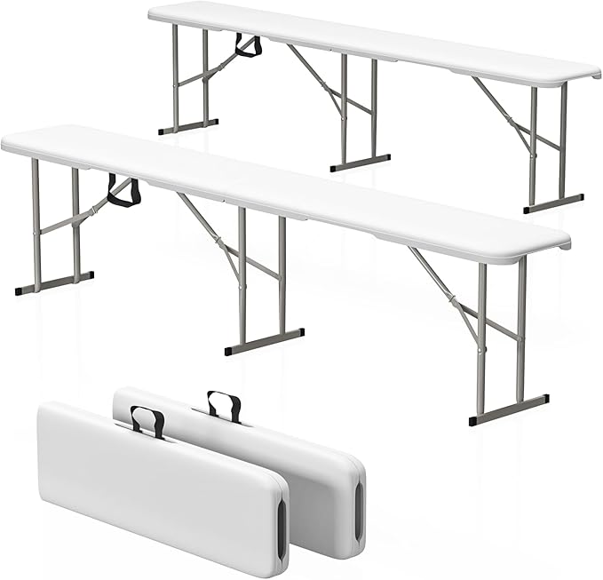 6ft HDPE Folding Bench, Foldable Seat with Sturdy Frame and Security Lock for Indoor and Outdoor, Multipurpose Entertaining Activities, Portable and Easy to Store, 2 Pack, White