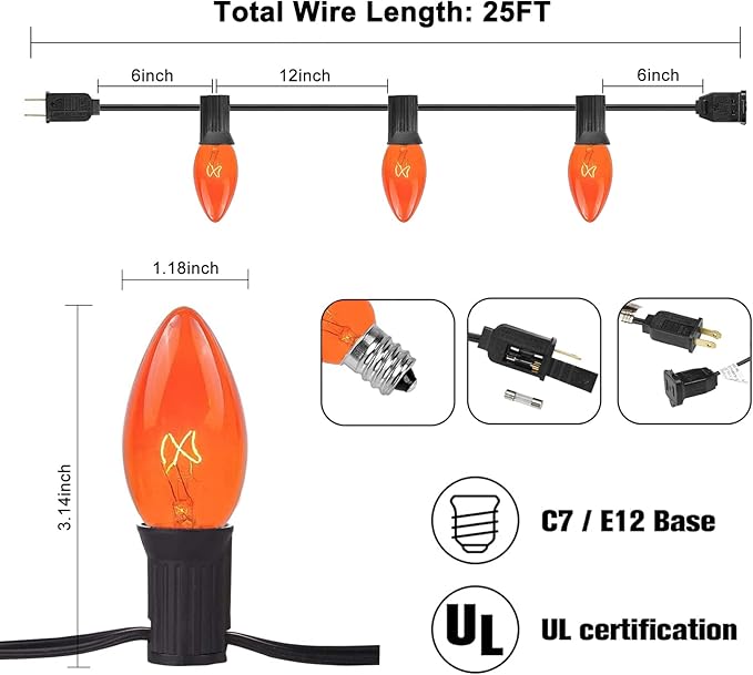 C9 Clear Orange String Light, 25Ft Outdoor Halloween Light String with 25 Clear Edison Bulbs, C9 Vintage Glass Hanging Lights for Patio Halloween Party Holiday Decor, C9/E17 Base, Black Wire