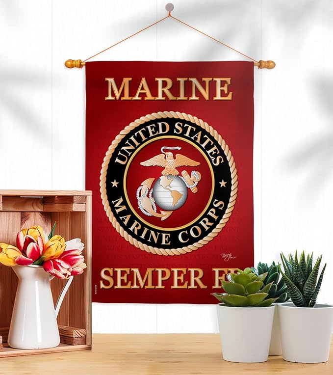 Breeze Decor HS108057-BO-03 Marine Corps Americana Military Decorative Vertical Set, House Flag 28" x 40", Thick Fabric