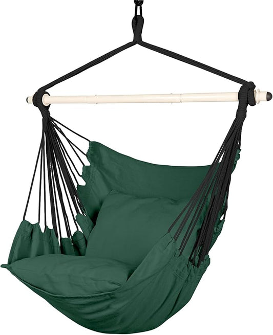 Highwild Hammock Chair Hanging Rope Swing - Max 500 Lbs - 2 Cushions Included - Steel Spreader Bar with Anti-Slip Rings - for Any Indoor or Outdoor Spaces (Green)