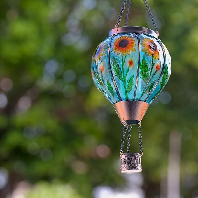Starsoul Sunflower Hot Air Balloon Solar Lantern - Glass Outdoor Flickering Flame Light, Waterproof Hanging Lamp for Garden, Patio, Yard, Party Decor