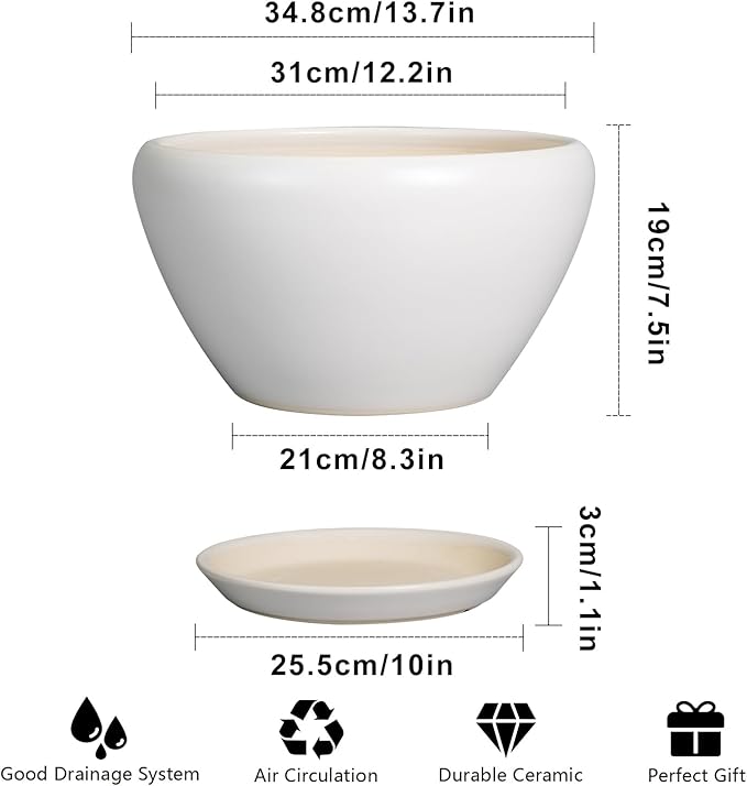 Planter for Indoor Plants 13 Inch - Ceramic Plant Pot with Drainage Hole and Saucer Decorative Round Large Planter Pot for Plants Outdoor Flower Pot for Room Decor White