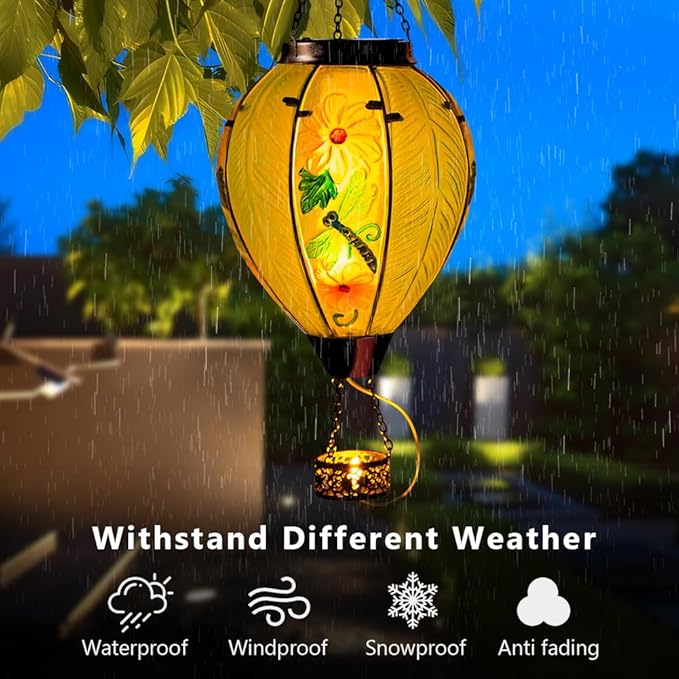 Starsoul Large Solar Hot Air Balloon Lantern with Flame Dragonfly Glass Hanging Outdoor Hot Air Balloon Solar Light Waterproof Garden Patio Yard Party Decorations