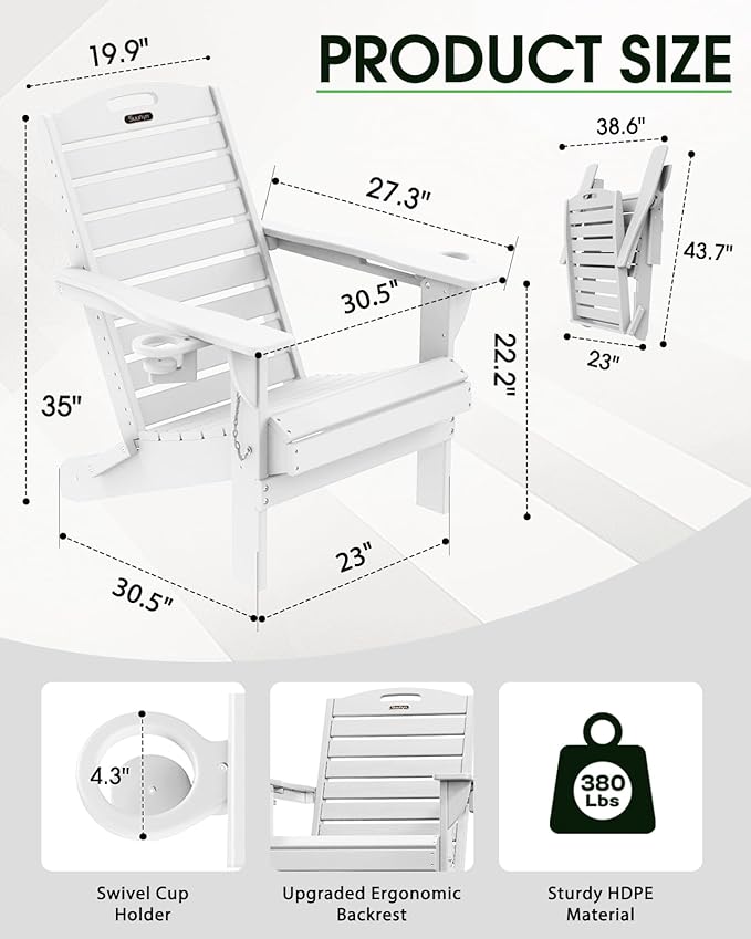 Folding Adirondack Chair HDPE All-Weather Adirondack Chairs with Cup Holder, Outdoor Fire Pit Chairs Lawn Chair for Deck Patio Garden (White)