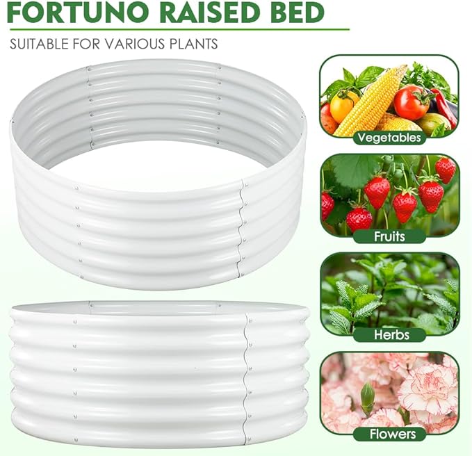 FORTUNO 2 Pcs 17" Tall 4 Ft Round Raised Garden Bed Box Galvanized Metal Outdoor High Flower Bed Steel Patio Ground Planter for Planting Vegetables and Herbs, White
