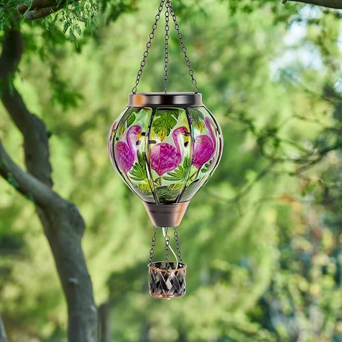 Flamingo Solar Hot Air Balloon Flickering Flame Hanging Garden Light,Glass Hot Air Balloon Solar Lanterns Outdoor Waterproof for Patio Tree Yard Decor,Flamingo Lantern Birthday Gifts for Women
