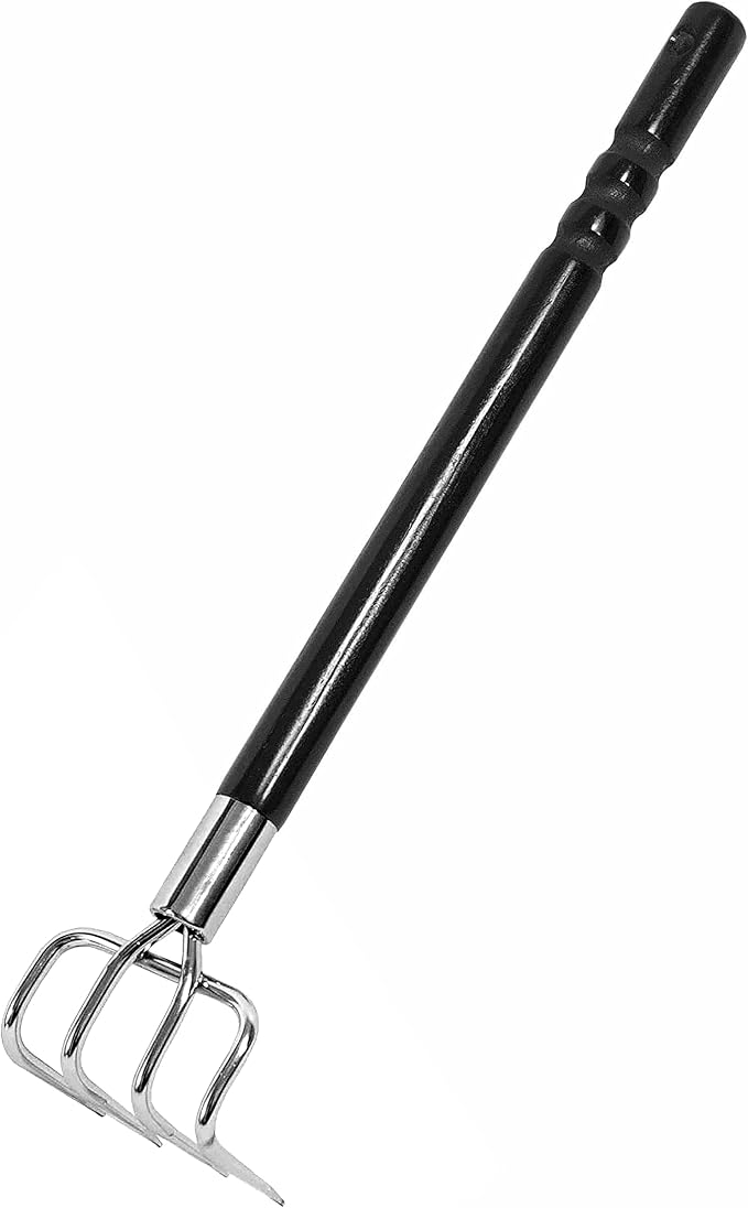 Japanese Garden Rake Cultivator Long Handle 19" Heavy Duty Japanese Steel 4 Claw Wood Handle, Made in Japan, Hand Cultivator Tool for Digging, Weeding, Cultivating, Silver