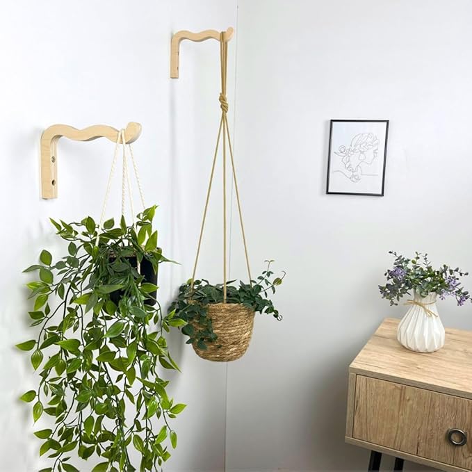 2-Piece Set of Wavy Wooden Wall Planters for Indoor Plants 6 Inch - Natural Plant Hook for Wall Plant, Wind Chimes, Flower Brackets, Patio Garden Decorations - Bracket Plant Hanger (Natural)