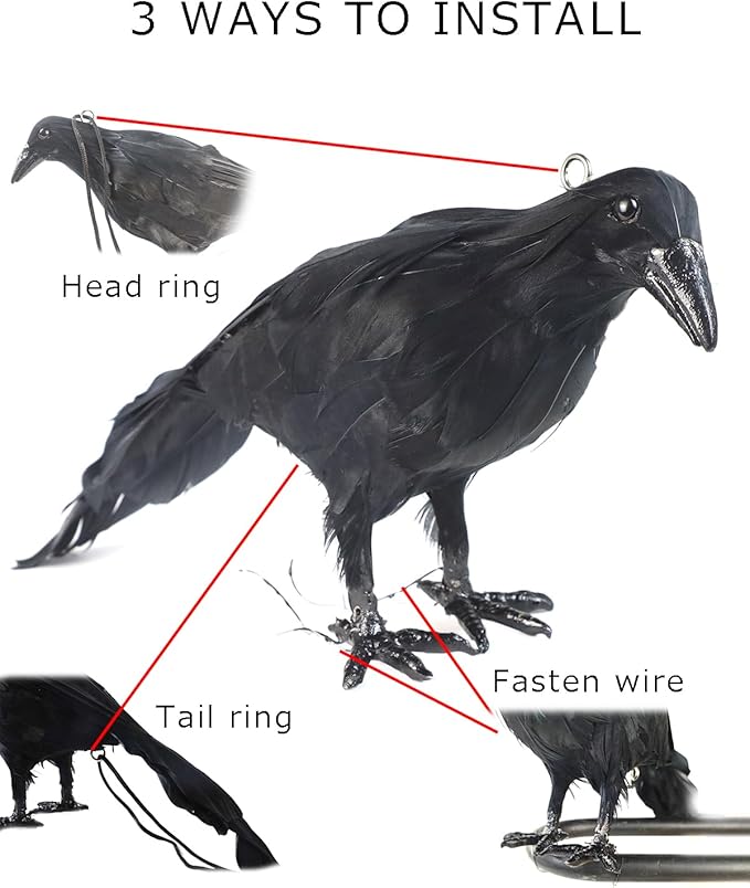 Hanging Dead Crows, 13 Inches Life-Size Raven, Realistic Handmade Fake Decoy for Garden Christmas Halloween Decorations [Face Up+Face Down+Stand] 2PC