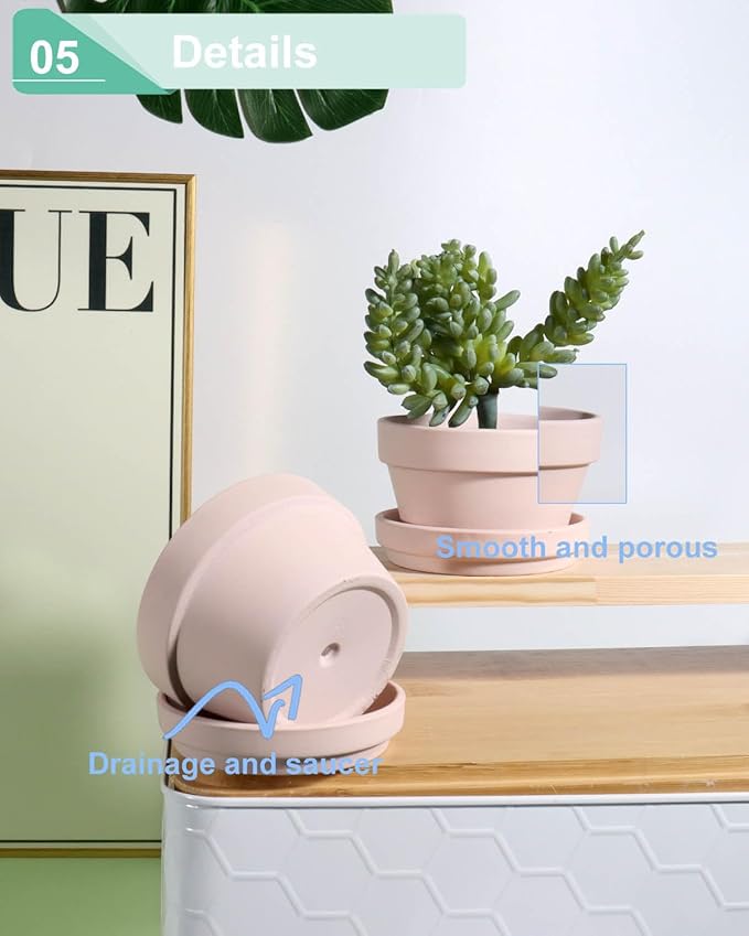 vensovo 4.5 Inch Pink Terracotta Shallow Succulent Pots - 6 Pack Terra Cotta Clay Pot with Saucer, Cacuts Indoor and Outdoor Planters with Drainage Hole