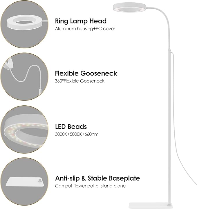 GLOWRIUM Grow Lights for Indoor Plants, 20W Full Spectrum LED Grow Light Floor Lamp with Stand Adjustable Height and Angle, Black Plant Light with 3/9/12H Timer White