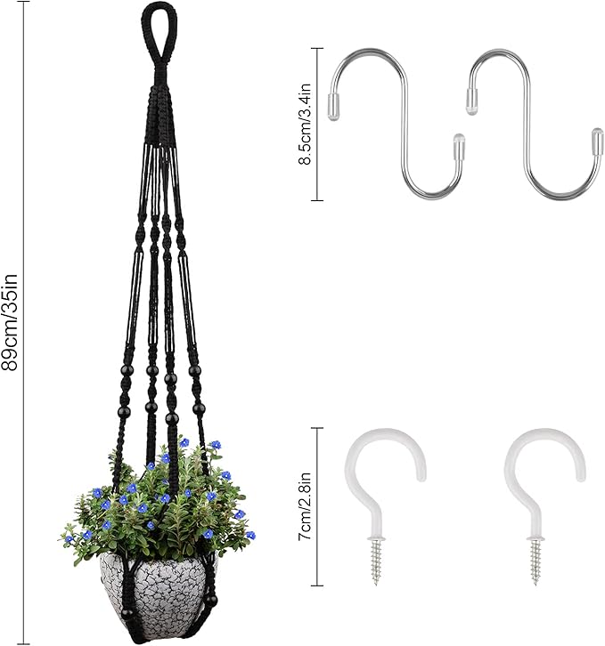 RIFNY Macrame Plant Hanger for 5 to 10 Inch Plant Pots, 35 Inch Indoor Handmade Woven Rope Hanger Kits with Hooks and Wood Beads, Hanging Planter Basket Holder for Boho Home Decor (Black, 3 Pack)