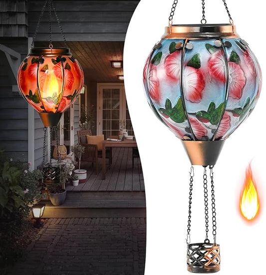 Hot Air Balloon Solar Lantern - Simulated Flickering Flame Hummingbird Glass Lantern, Outdoor Hanging Yard Light Waterproof IP65 & Weather Resistant for Garden Patio Lawn Porch Decor Gfit