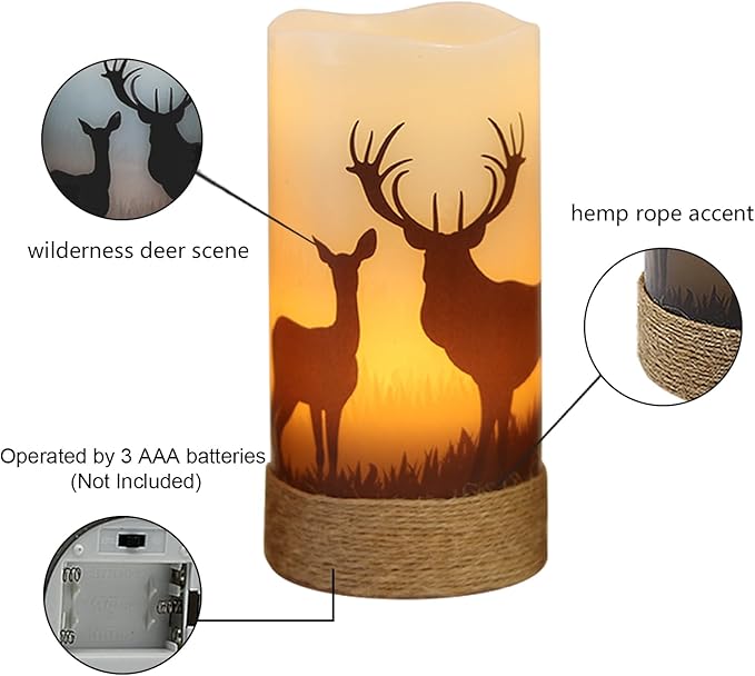 Flickering Flameless Candles with 6H Timer, LED Warm Light Pillar Candles Battery Operated Real Wax with Hemp Rope, Deer, Moose, Bear, Home Table Decoration for Wedding Party