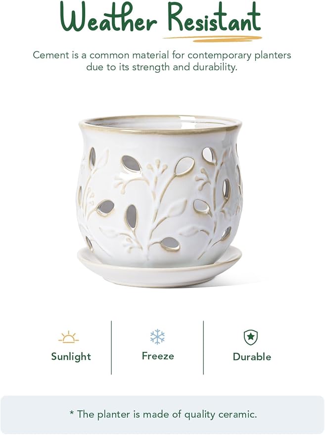 LE TAUCI Ceramic Orchid Pot, 6.5 Inch Orchid Pots with Holes, Orchid Planter for Repotting, Indoor Flower Plant Pot with Drainage and Saucer, Arctic White