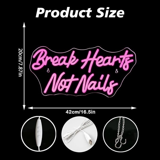 Break Heart Not Nails Neon Sign for Wall Decor,Neon Light Pink LED Neon Light for Bedroom Nails Salon Beauty Room Shop Decoration Gift