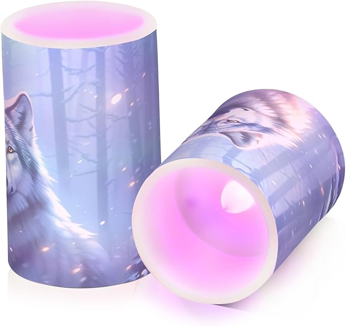 Flickering Flameless Candles, Wolf Winter Forest LED Candles with Remote Timer, Set of 2 Battery Operated Candle for Valentine Wedding Birthday