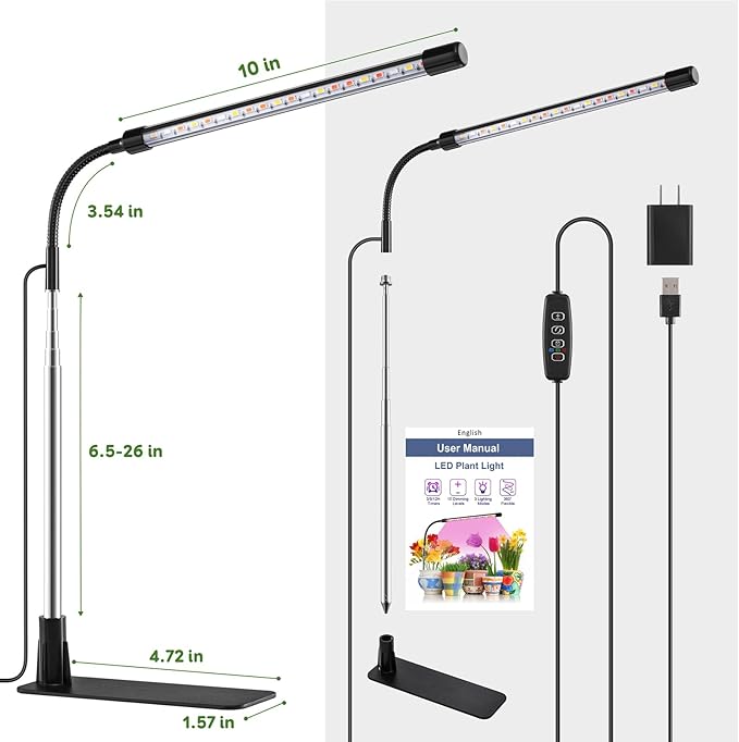 Grow Light, LED Plant Lamp for Indoor Plants, Full Spectrum Desk Grow Lamp with Base, 10 Dimmable Levels, Automatic Timer for 3/9/12H, Height Adjustable 6.5"-26"