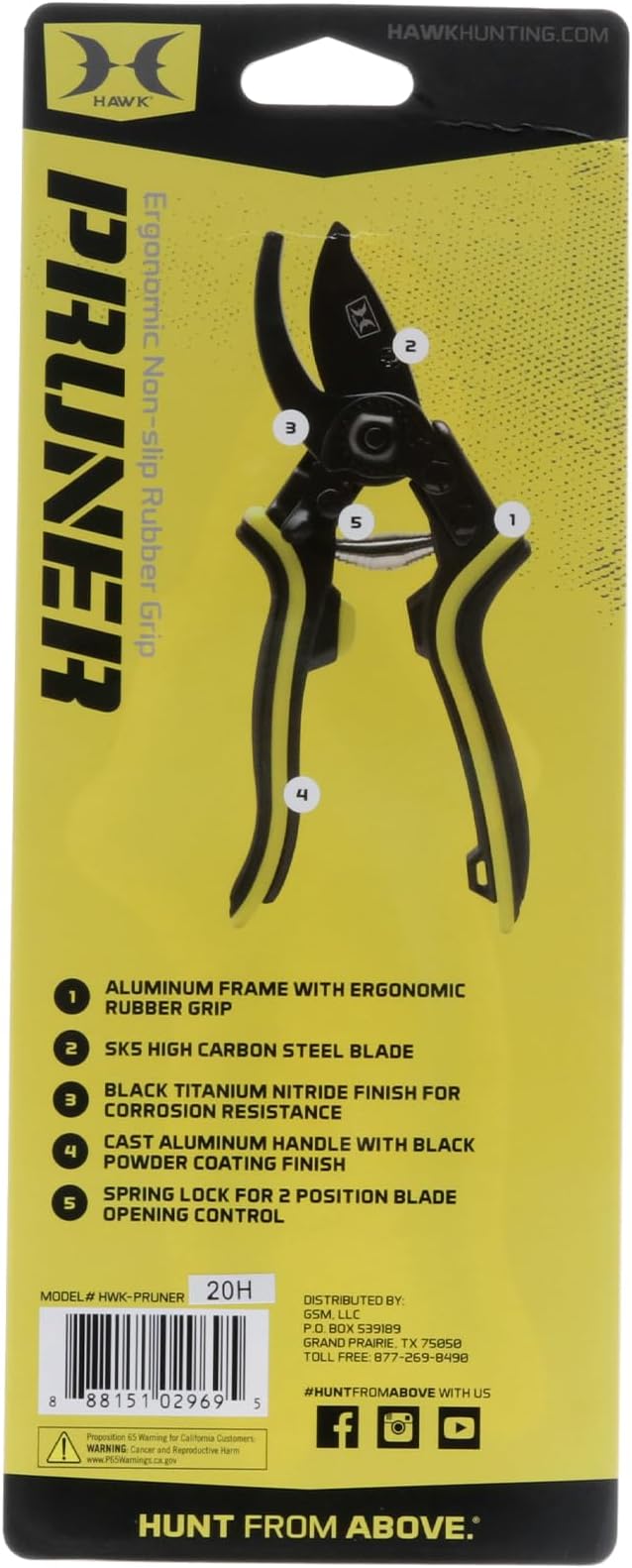 Hawk Hand Pruner | Durable Versatile SK5 High Carbon Steel Blade Secateurs with Ergonomic Non-Slip Grip & 2-Position Spring Lock | for Hunting & Gardening