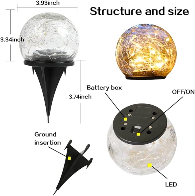 TOMEX 4 Pack Solar Garden Lights, Cracked Glass Ball Waterproof Warm White LED for Outdoor Decor Decorations Pathway Patio Yard Lawn, 4 Pack (3.9")