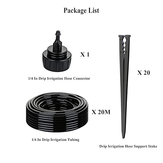 1/4 inch Drip Irrigation Tubing 65 FT Roll, 20 Pcs 1/4" Drip Irrigation Tubing Support Stakes,1 Pcs 3/4" to 1/4" Drip Irrigation Hose Connector