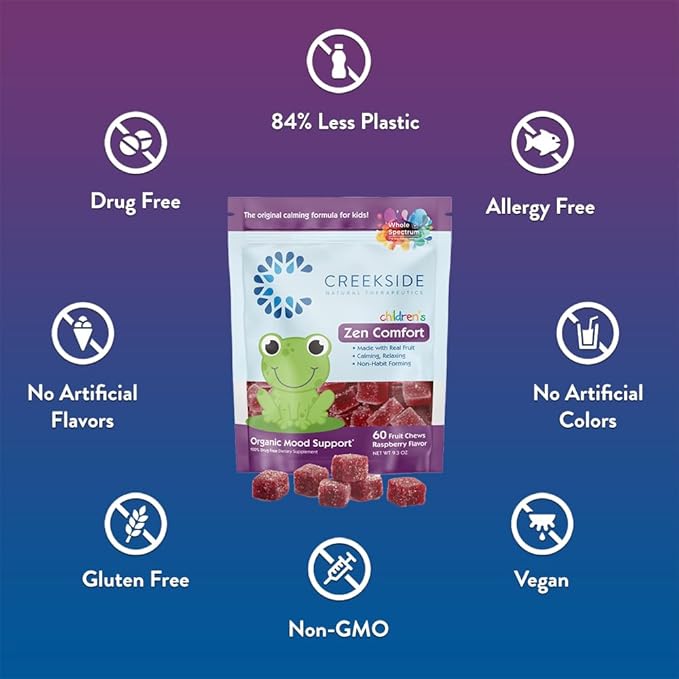 Zen Comfort for Kids, Organic Mood Support with 5-HTP, L-Theanine, Passionflower, Pediatrician Formulated, Vegan Gummies, Raspberry Flavor, 60 Real Fruit Chews