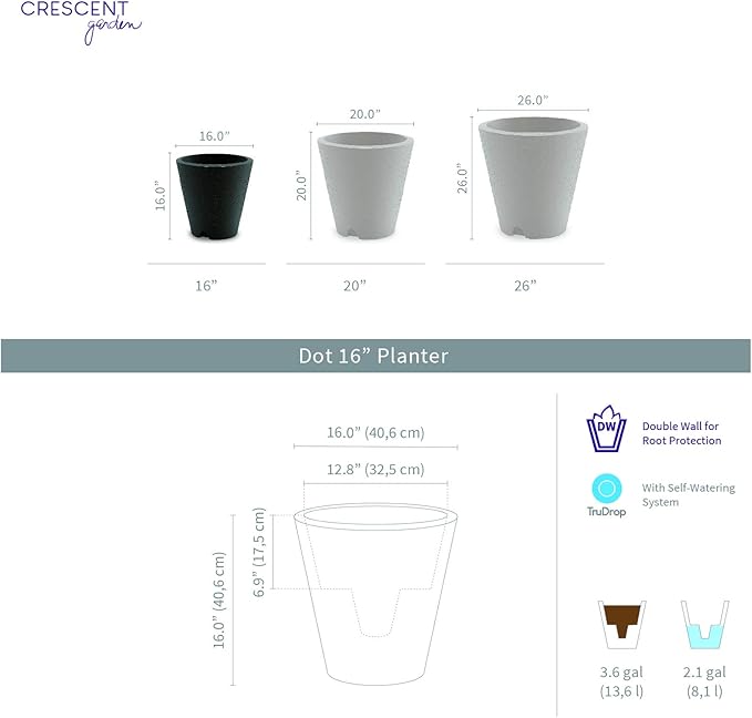 Crescent Garden Dot TruDrop Indoor/Outdoor Planter, Self-Watering Plant Pot, 16 Inches, (Caviar Black)