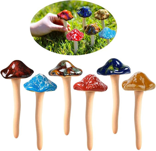 Ceramic Mushrooms for Garden 6 Pack Small Mushroom Decor Garden Decor Outside Outdoor Lawn Ornaments Decorative Plant Stakes Decorations for Pots Yard Little Toadstool Statue Gifts Brown