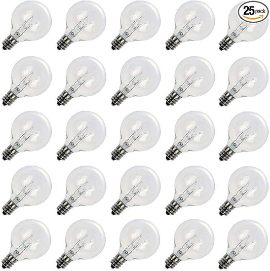 Brightown G40 Replacement Light Bulbs, 25 Pack 5W Clear Globe Bulb fits E12 C7 Candelabra Screw Base Sockets, 1.5 Inch Dimmable Light Bulbs for Indoor Outdoor Patio Decor, Warm White