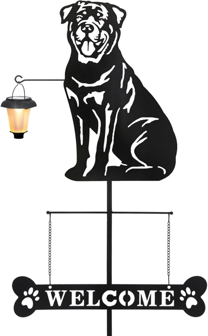 BAYN Solar Rottweiler Silhouette Dog Breed Welcome Sign with a Lantern Outdoor Decorative Garden Stakes for Yard, Lawn, Patio, Pathway