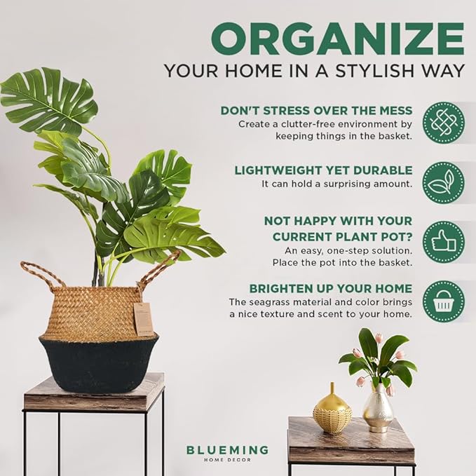 Basket Planter – Woven Seagrass Plant Pot for Tall Indoor Artificial Plants, Wicker Rattan Planters for Boho Decor 9-10 Inches (Black Bottom, Large)